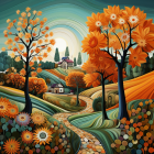 Vibrant autumnal scene with colorful trees, flowers, and misty castle