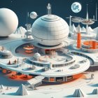 Futuristic cityscape with domed buildings and two moons in pastel tones