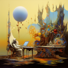 Colorful surreal artwork: whimsical creature, piano, floral patterns