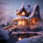 Snow-covered cottage in serene winter landscape