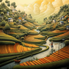 Stylized landscape with rolling hills, rivers, houses, fields, and swirling sky.