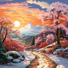 Snowy village painting: vibrant sunset sky, blossoming trees, river reflection.