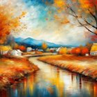 Colorful Van Gogh-style landscape painting with autumn trees, river, houses, and mountains.