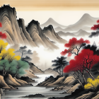 Traditional Chinese Landscape Painting: Mountains, Waterfalls, Trees, Red & Yellow Foliage, Mist