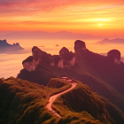 Serene landscape with winding paths, towering rock formations, flowing river at sunrise