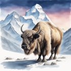 Detailed Illustration: Majestic Yak in Snowy Mountain Landscape