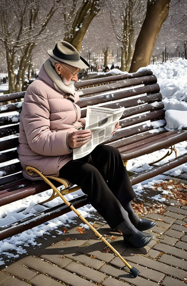 Elderly man in pink jacket reads newspaper on snowy park bench