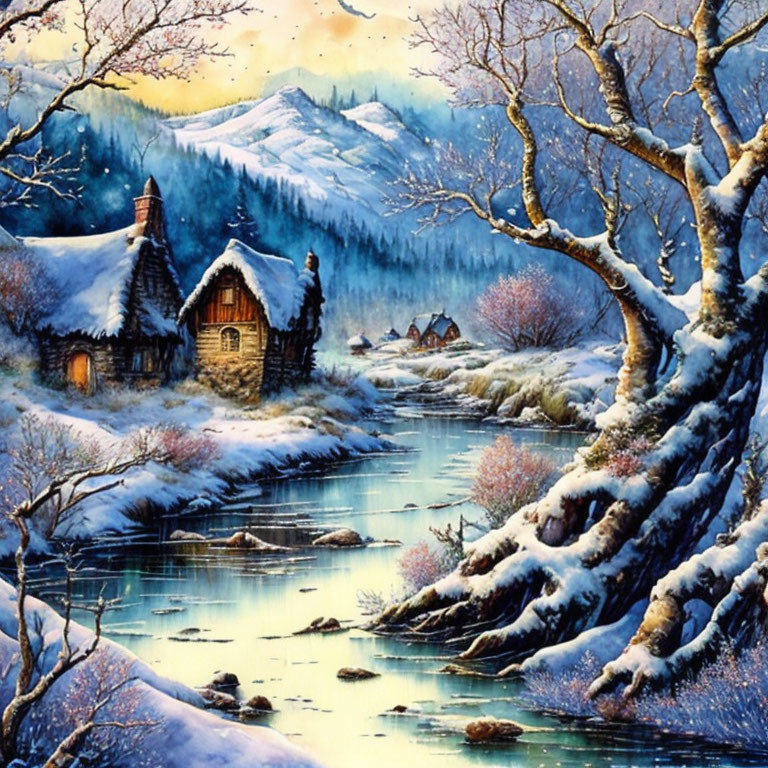 Snow-covered landscape with cozy cabin by tranquil river