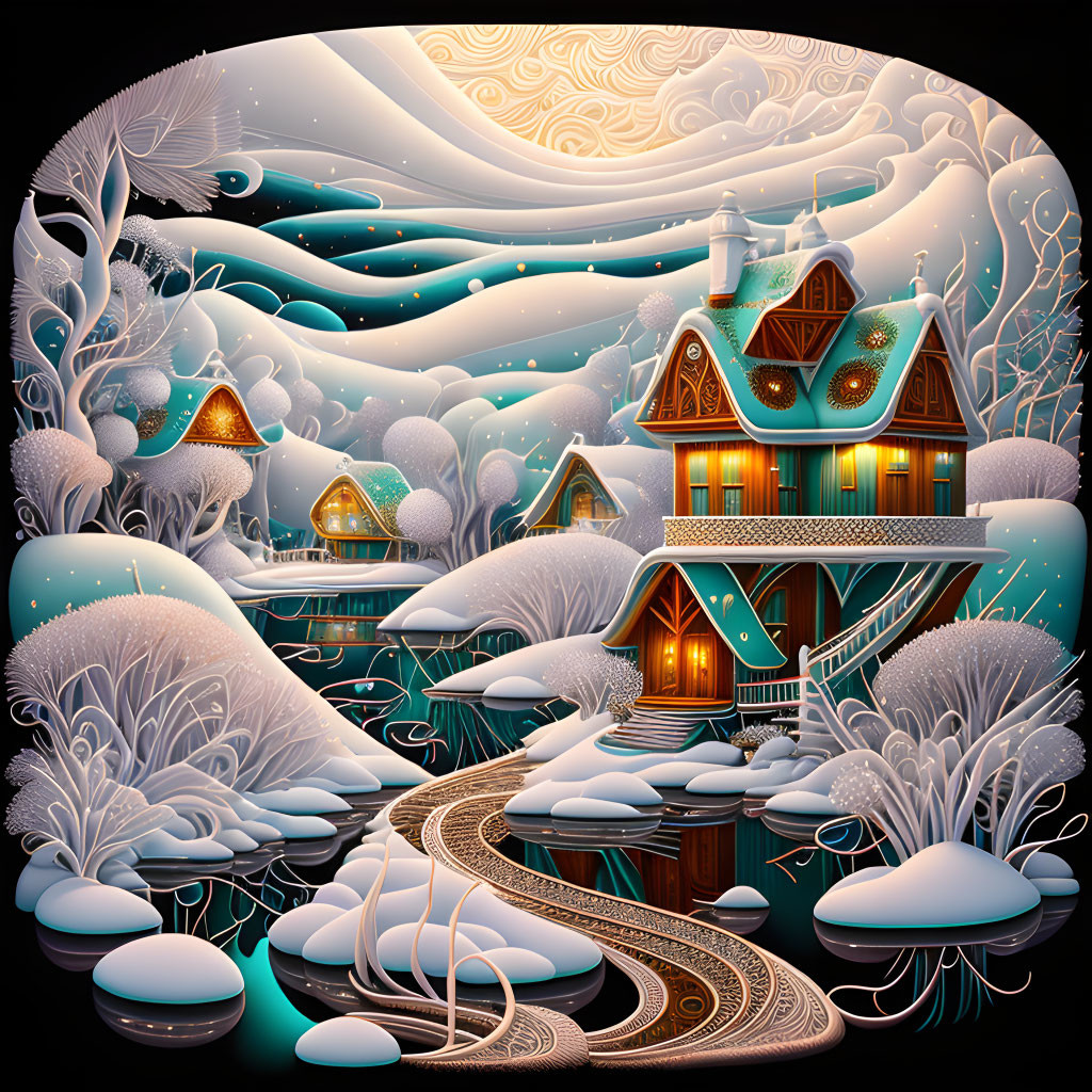 Cozy illuminated house in winter landscape with starry sky