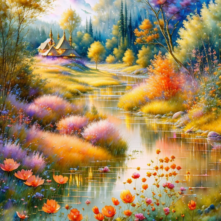 Serene landscape painting with small house, lush trees, blooming flowers, gentle river, sunset glow