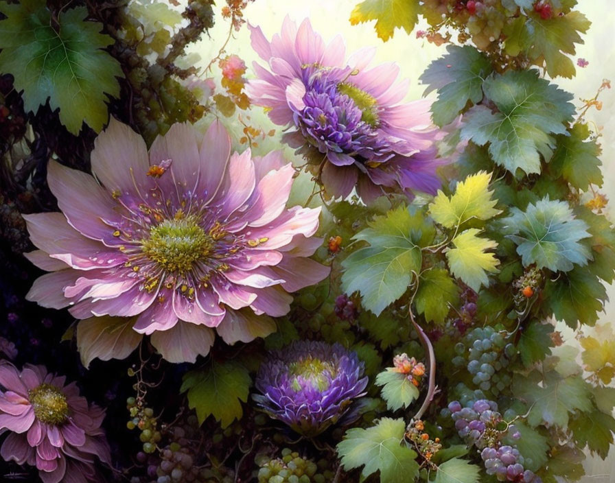 Purple Blooms and Grapes in Lush Green Setting