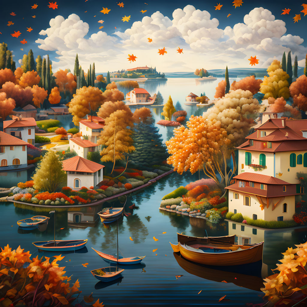 Tranquil autumnal scene: boats, houses, fall foliage, billowing clouds