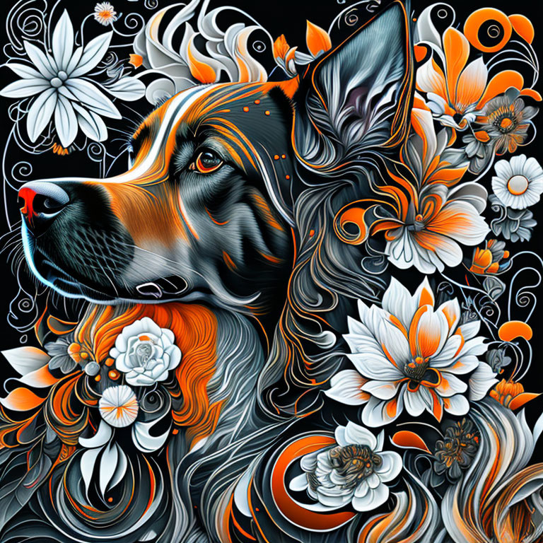 Colorful dog surrounded by floral patterns on black background