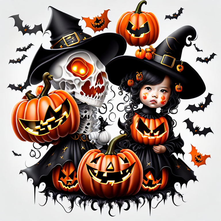 Child in Witch Costume Surrounded by Halloween Elements