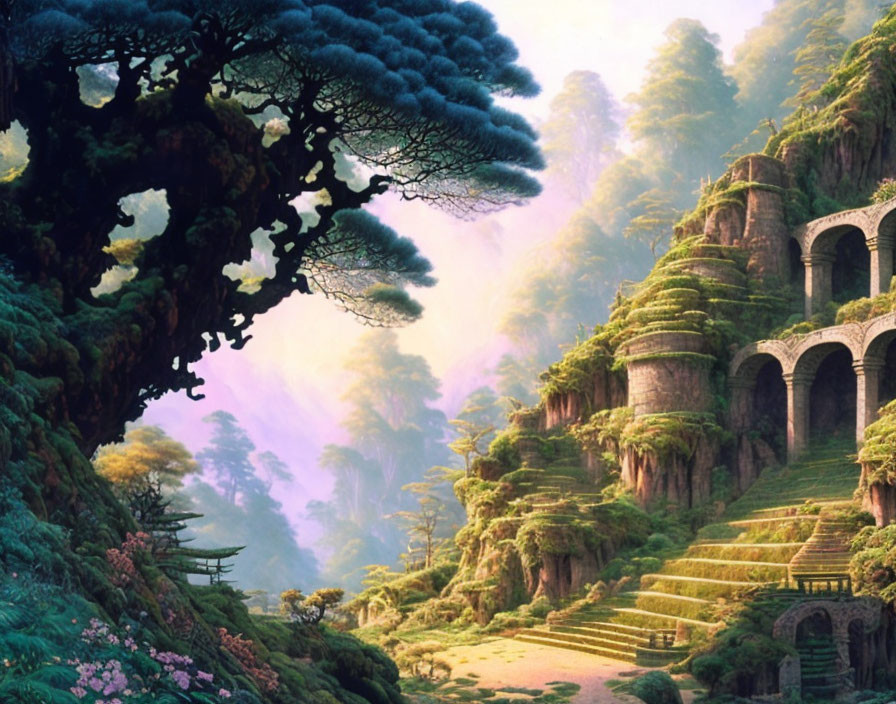 Fantasy landscape with lush greenery, stone ruins, trees, and purple sky.