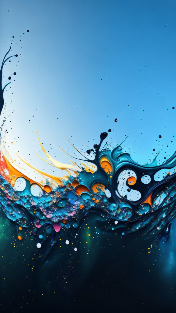 Colorful Bubbles and Dynamic Splashes on Blue Gradient Background