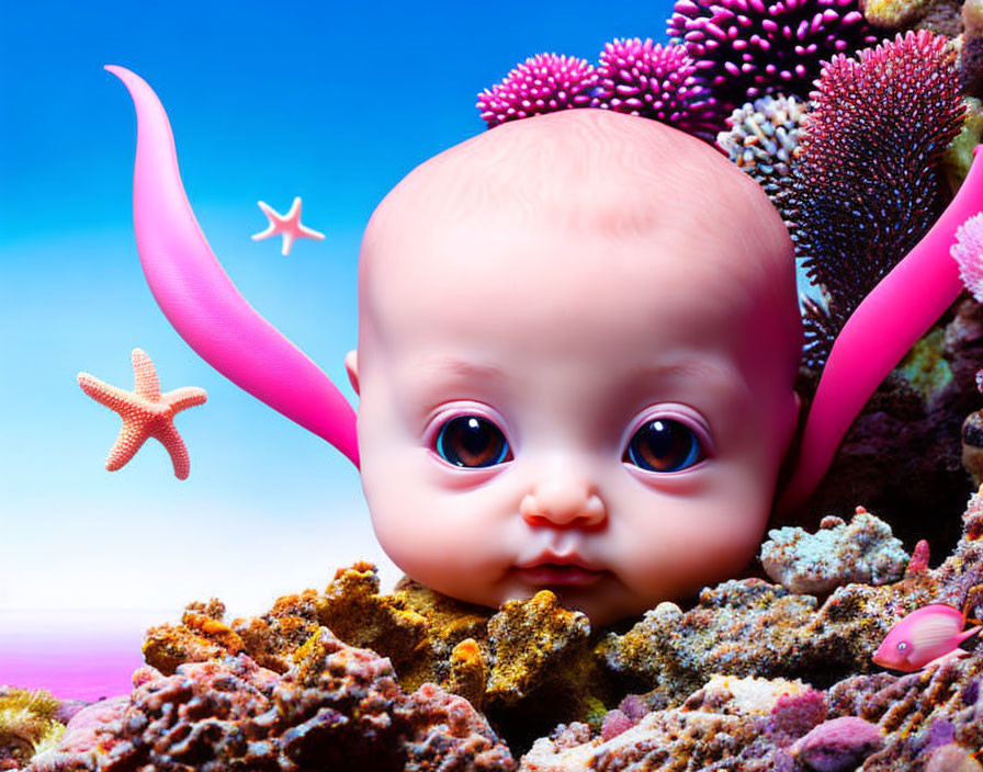 Colorful Coral Reef with Baby's Head, Starfish, Fish, and Blue Sky