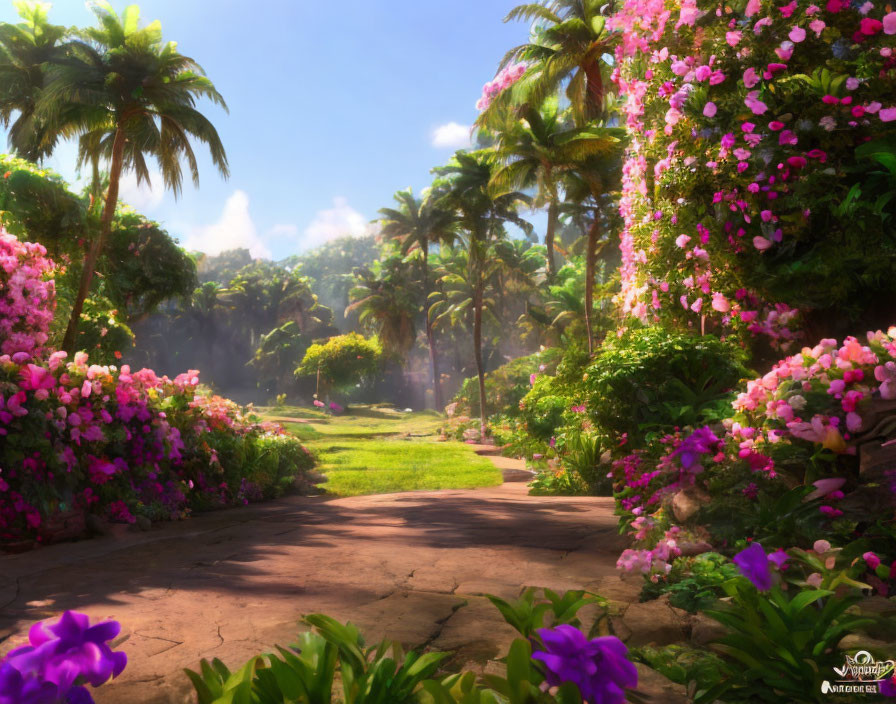 Vibrant pink and purple flowers in lush garden pathway