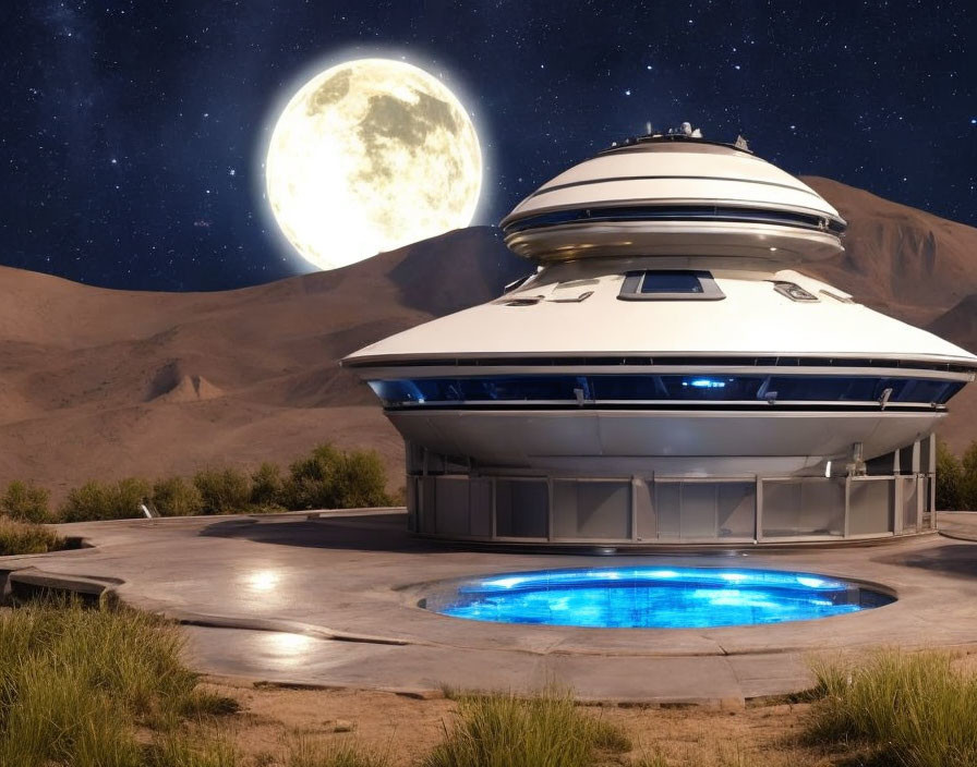 Futuristic observatory with dome design, starry sky, blue pool, full moon, and