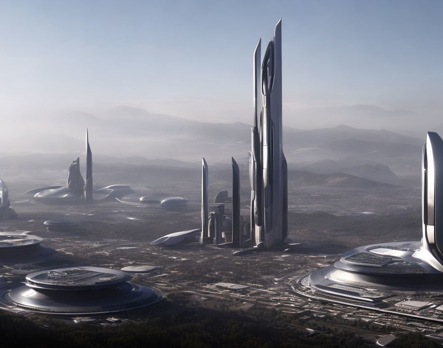 Sleek skyscrapers in futuristic cityscape amid rolling hills