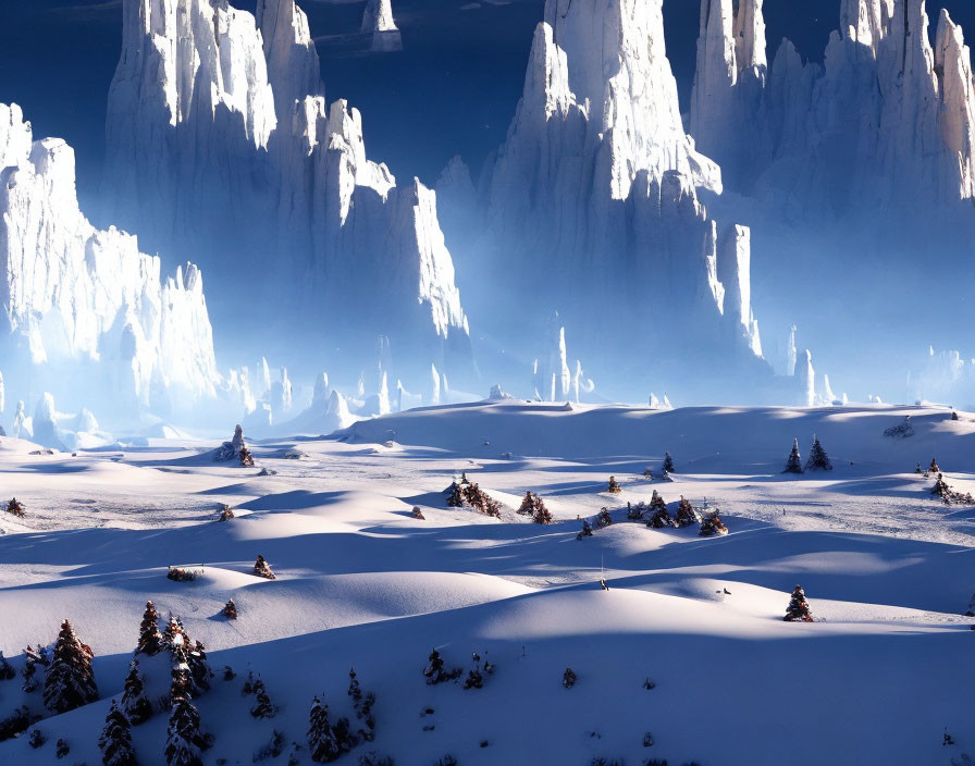 Snow-covered Winter Landscape with Evergreens and Icy Spires