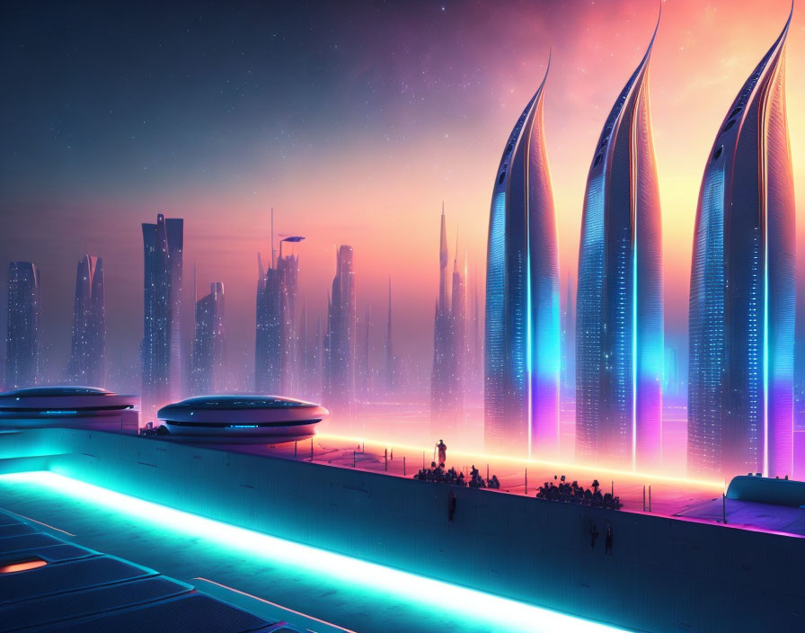 Futuristic cityscape at dusk with illuminated buildings and starry sky