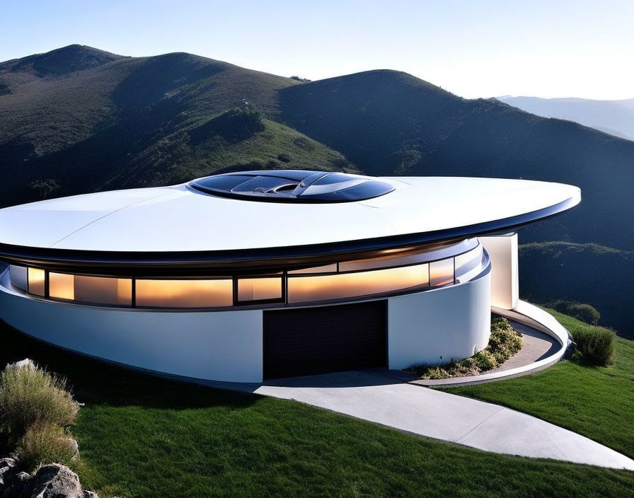 Round futuristic house with white walls and large glass windows on green hillside.
