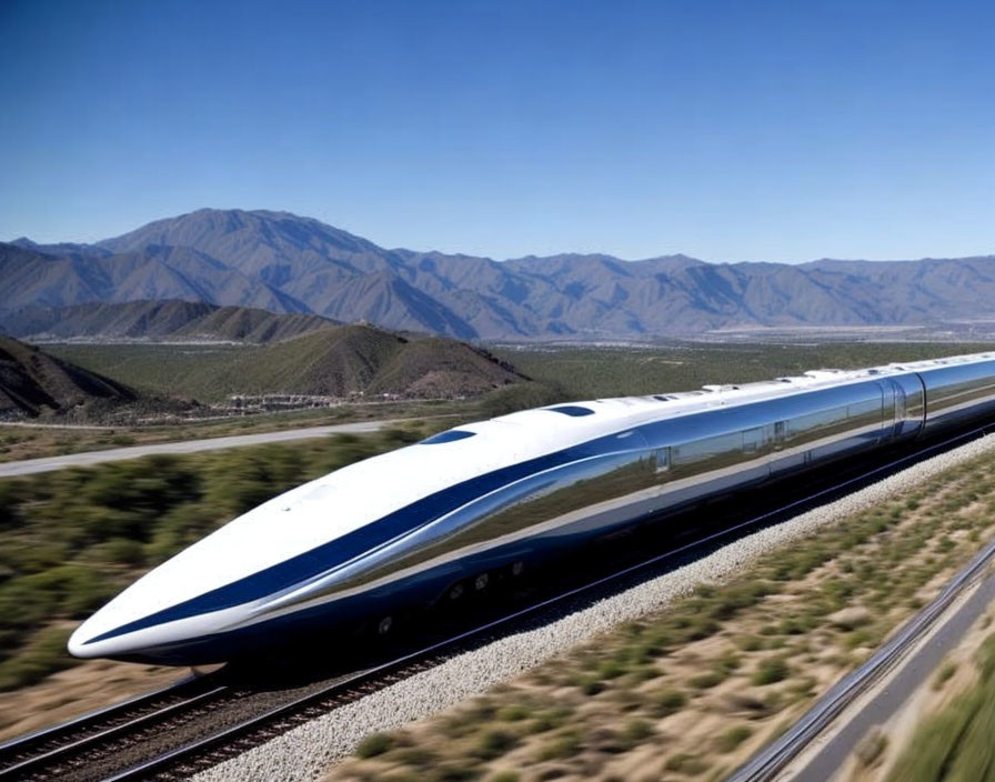 High-speed train in scenic landscape with mountains and blue skies