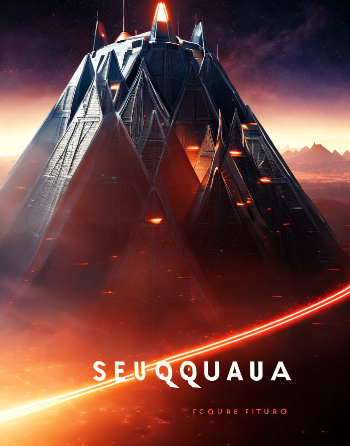 Futuristic pyramid structure with red accents in dusk sky and mountains.