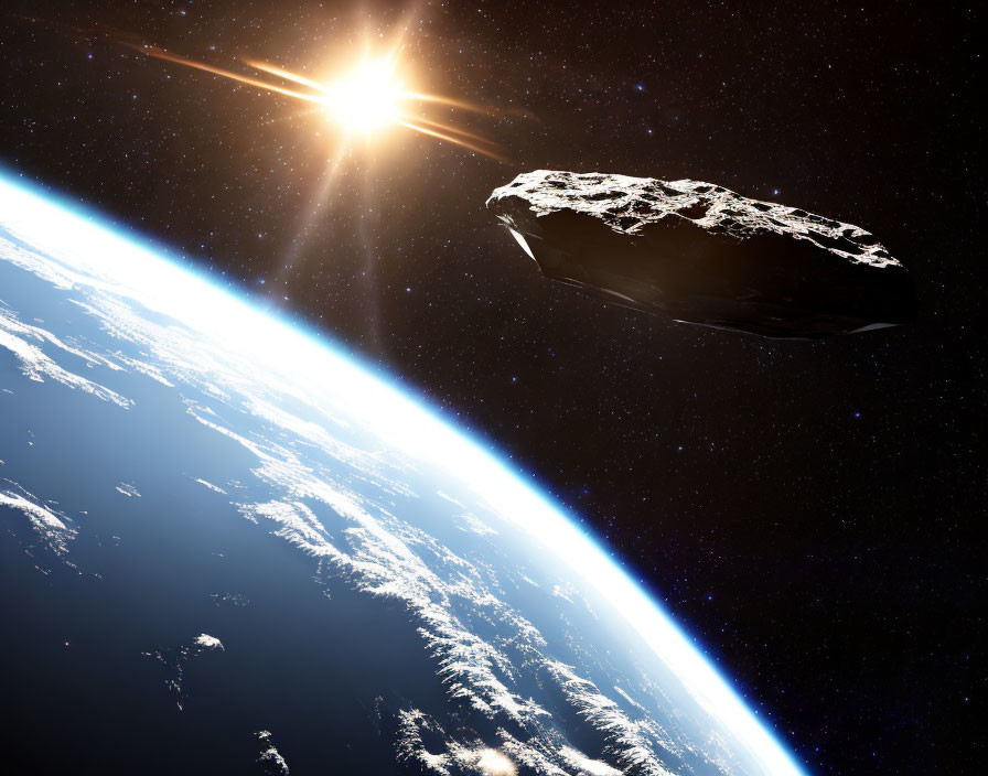 Asteroid Approaching Earth with Sun's Rays and Horizon Curve
