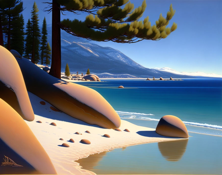 Snow-covered shore, calm blue water, pine trees: Winter scene.