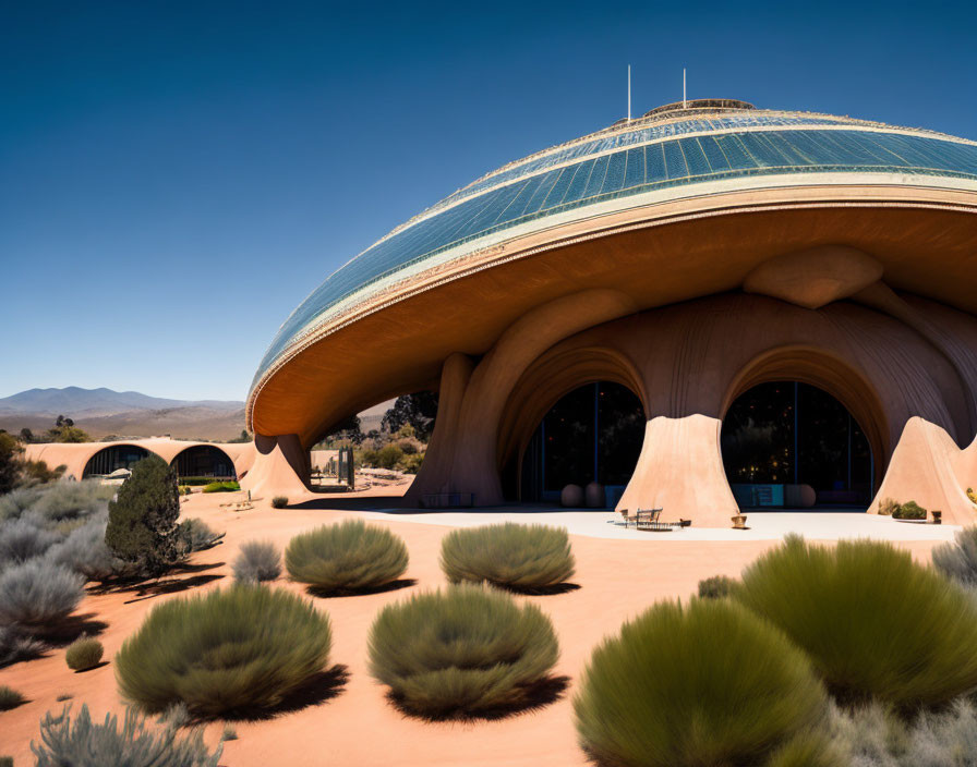 Futuristic building with large domed roof in desert landscape