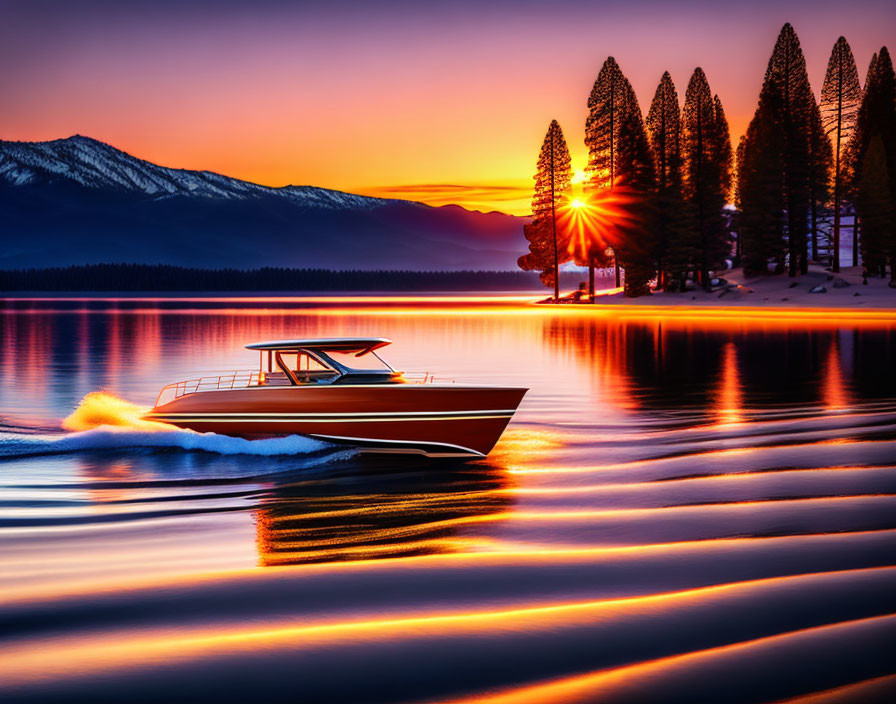 Tranquil lake sunrise with speedboat and silhouetted trees