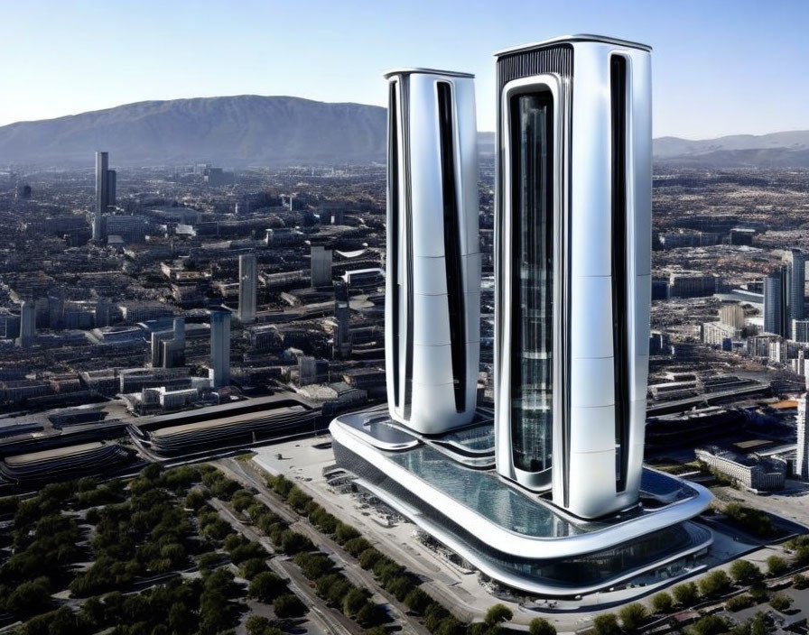 Twin futuristic skyscrapers in modern cityscape