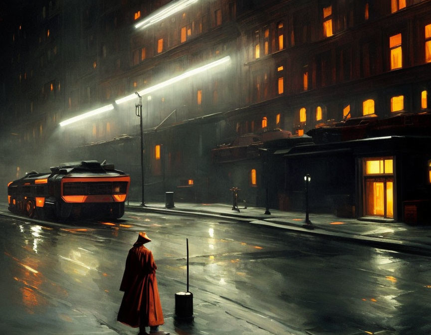 Person in Red Coat on Rain-Soaked Street at Night