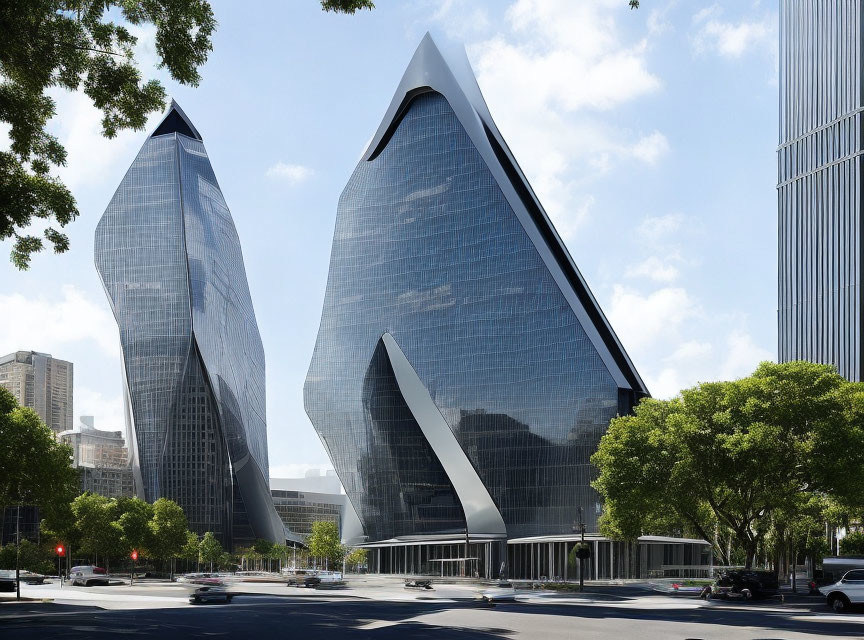 Twin futuristic skyscrapers in angular design amidst urban landscape