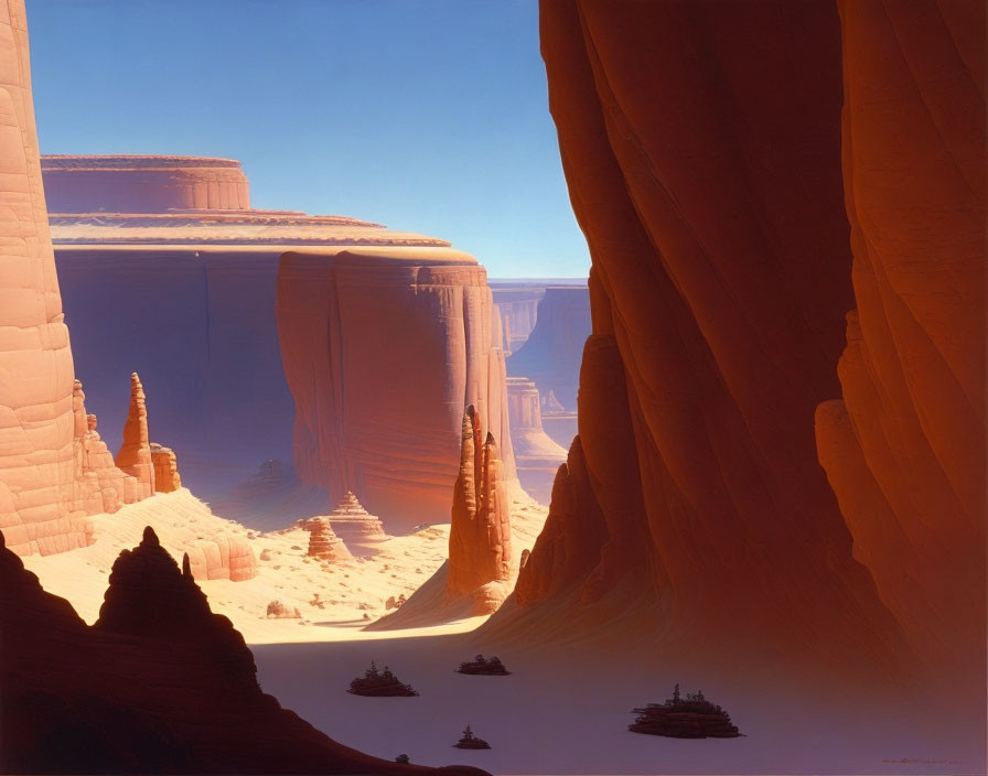 Desert landscape with sandstone mesas, rock spires, and futuristic vehicles.