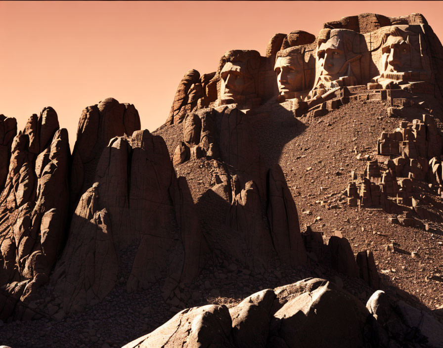 Digital Art: Mount Rushmore National Memorial with Four Presidents on Rocky Landscape