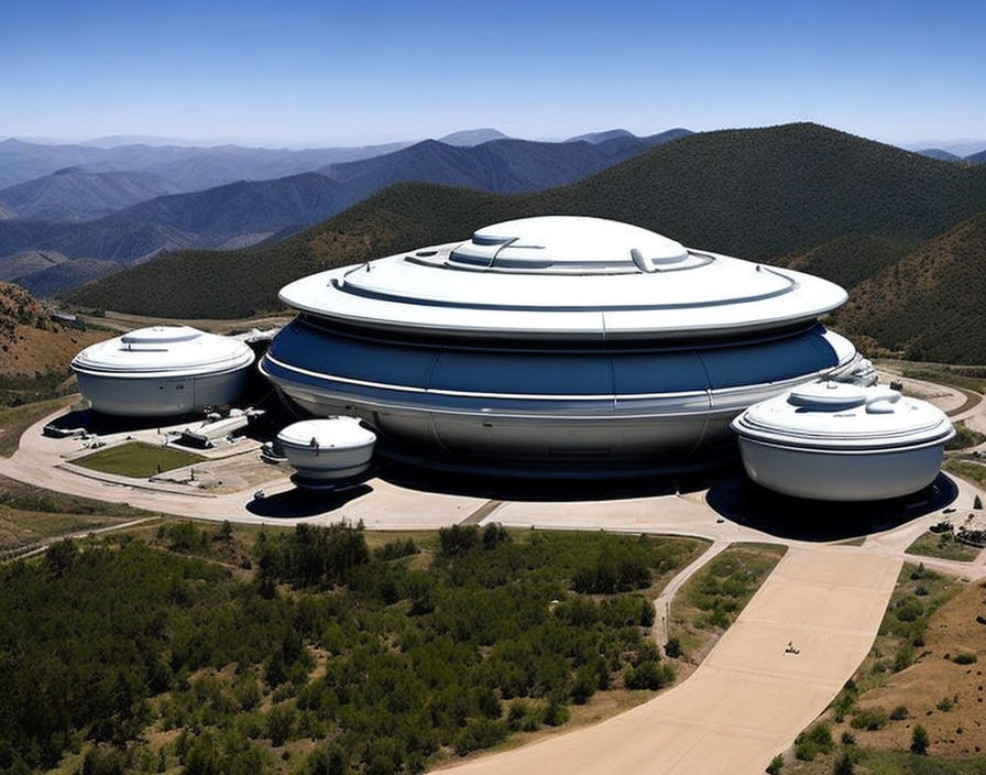 Futuristic spacecraft-like building complex in rolling hills