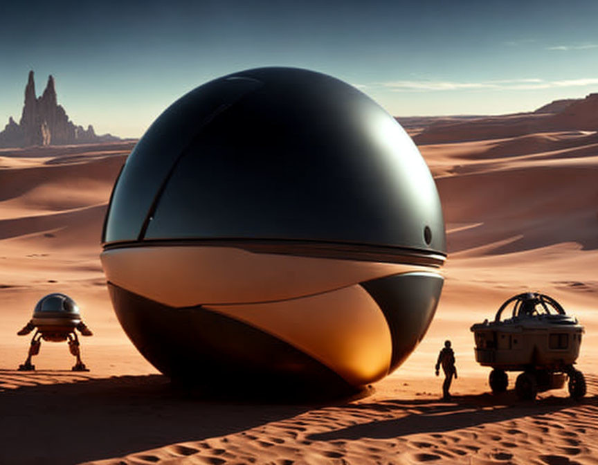 Robots and human explorer by large sphere in desert landscape