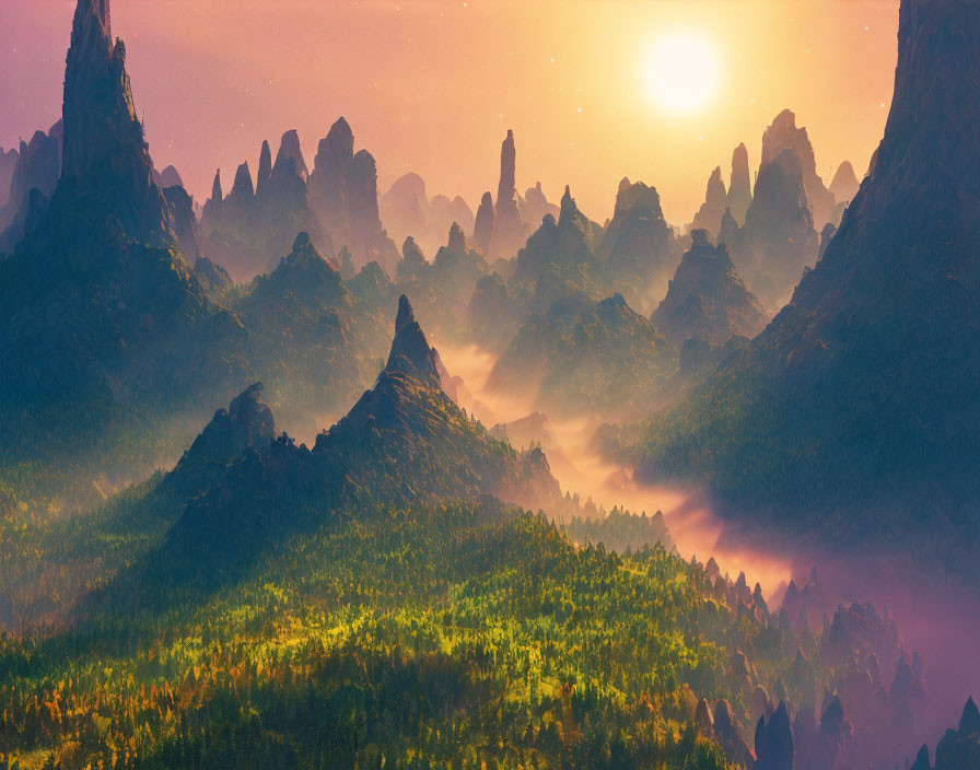Mystical forest panorama with jagged rock formations under orange sky