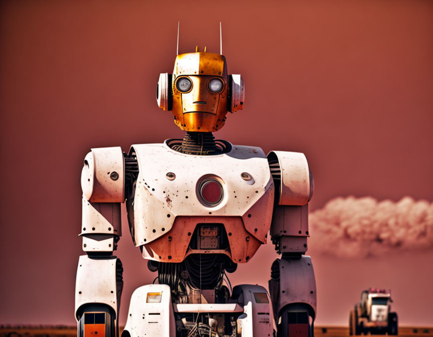 Yellow and white humanoid robot on sepia background with futuristic design.