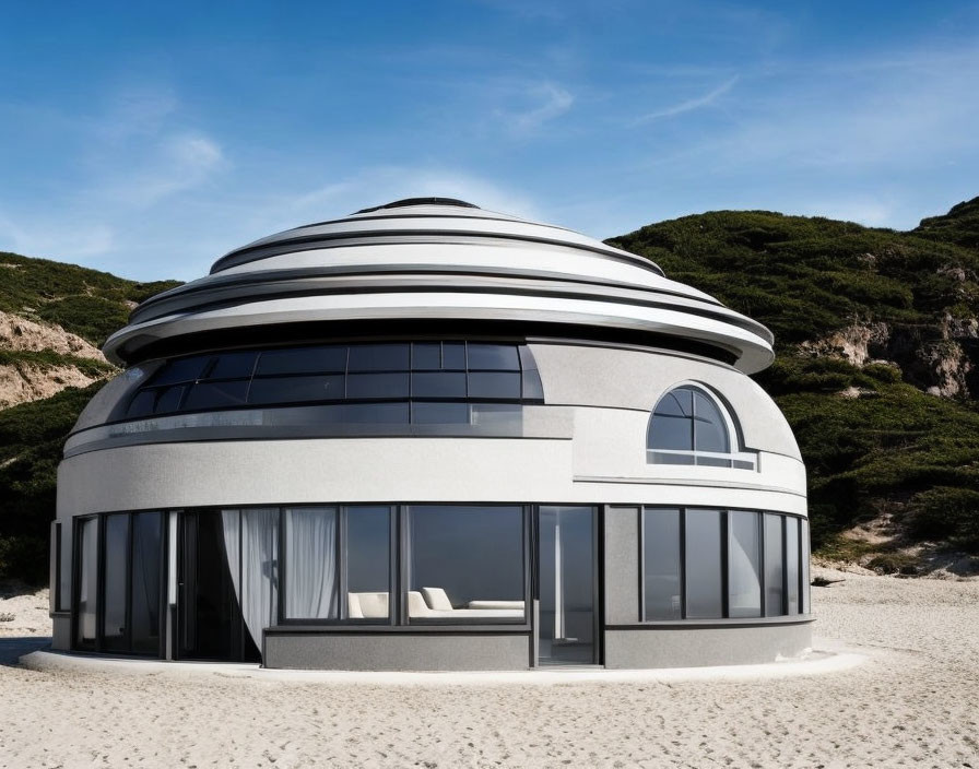 Circular Tiered Building on Sandy Beach with Dunes