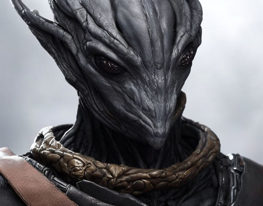 Detailed Alien Portrait with Black Eyes and Dark Textured Skin in Leather Outfit