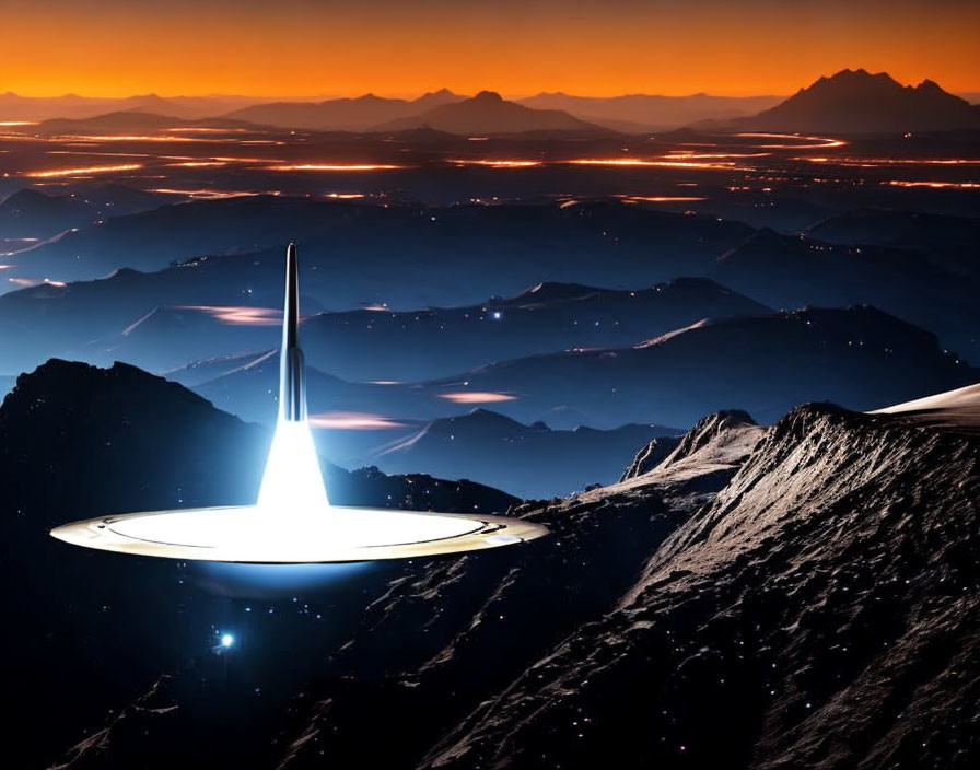 Futuristic spaceship emitting light near dark mountain summit at dusk