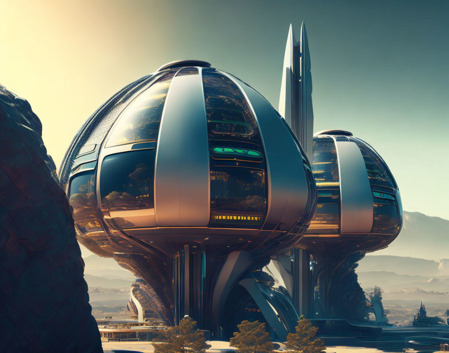 Sleek spherical buildings in futuristic cityscape with mountain backdrop