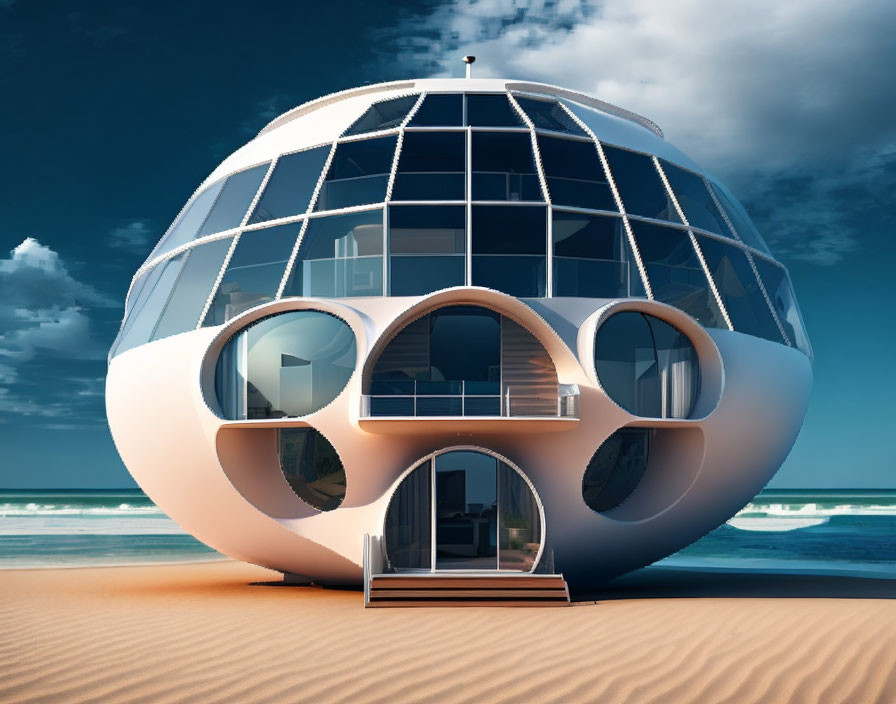 Futuristic spherical beach house with large round windows on sandy terrain