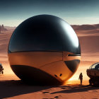 Robots and human explorer by large sphere in desert landscape