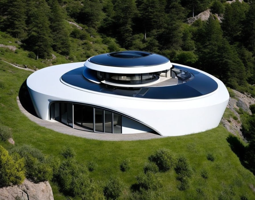 Circular futuristic building with flat roof and large windows in lush green hillside