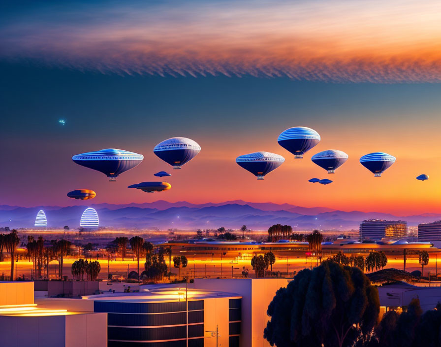 Futuristic airships over cityscape at sunset with orange skies